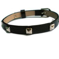 Leather Bracelet With Studs - Silver Tone Pyramid Studs - 8mm Black Strap - Adjustable
