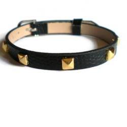 Gold Studded Leather Bracelet - 5mm Gold Tone Pyramid Studs - 8mm Black Strap - Adjustable